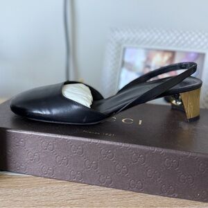 Gucci Black & Gold Gem Slingback Heels